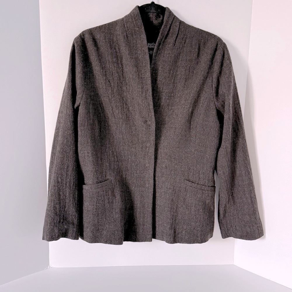 Eileen Fisher Brown 100% Wool Collarless Blazer Single Button Textured Small
